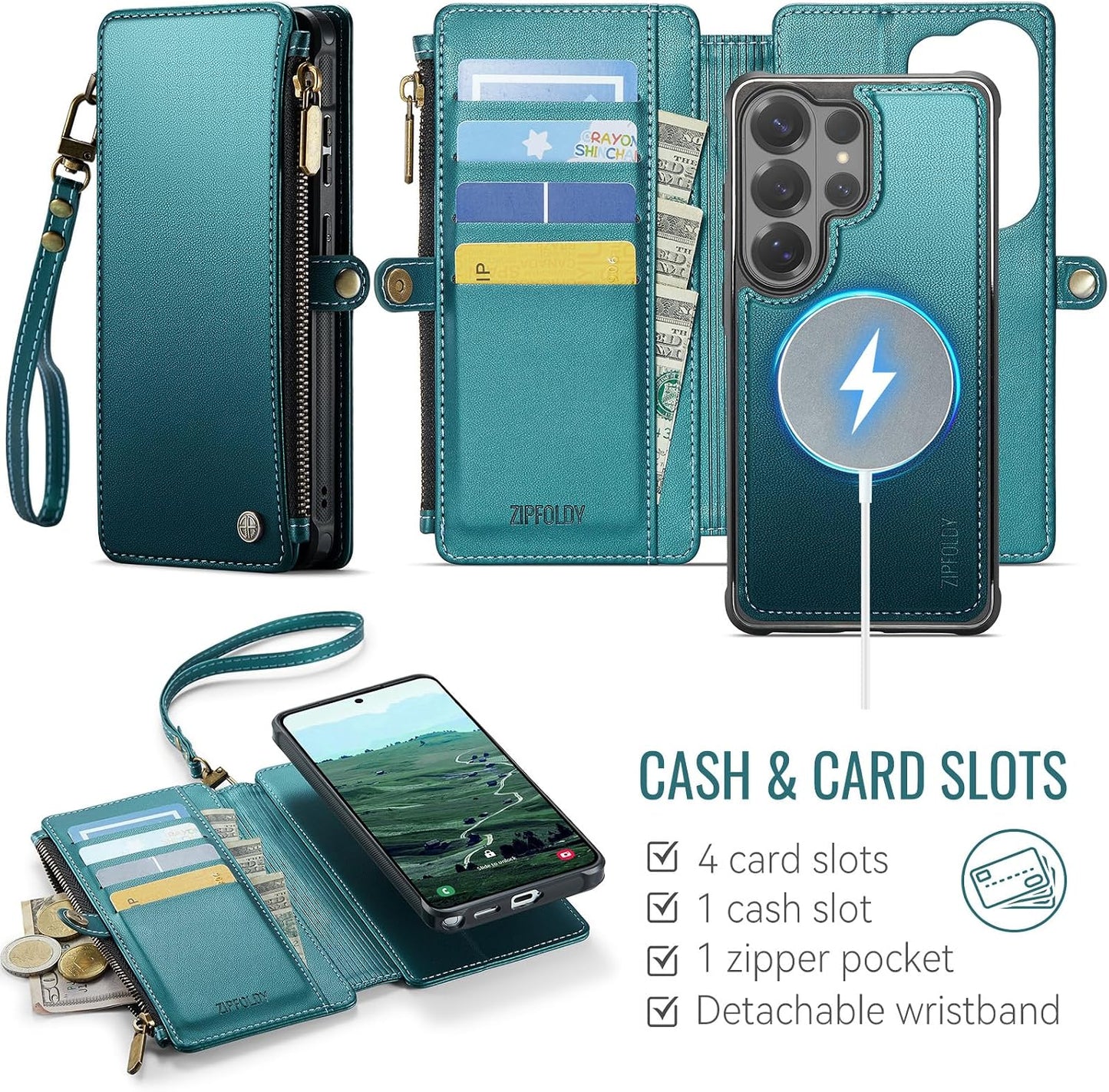 For Galaxy S26 Ultra - Phone Case Wallet Magnetic, Turquoise | Detached for Magsafe, RFID Blocking Card Holder, Zipper, Wrist Strap, for Women Men, PU Leather, for Samsung Galaxy S26 Ultra