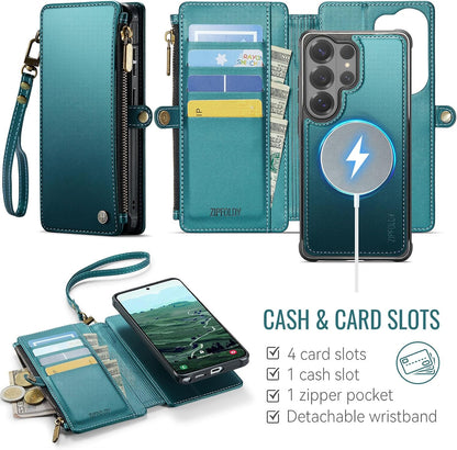 For Galaxy S26 Ultra - Phone Case Wallet Magnetic, Turquoise | Detached for Magsafe, RFID Blocking Card Holder, Zipper, Wrist Strap, for Women Men, PU Leather, for Samsung Galaxy S26 Ultra