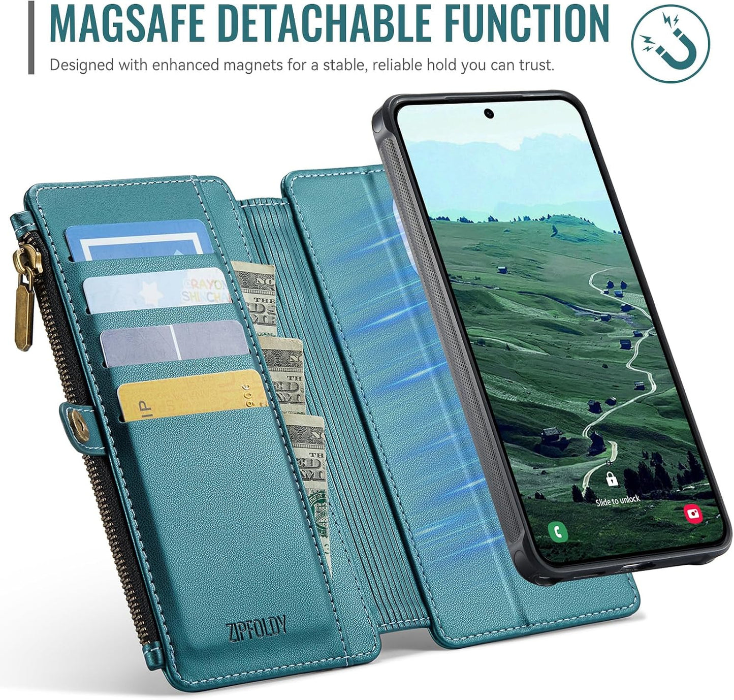 For Galaxy S26 Ultra - Phone Case Wallet Magnetic, Turquoise | Detached for Magsafe, RFID Blocking Card Holder, Zipper, Wrist Strap, for Women Men, PU Leather, for Samsung Galaxy S26 Ultra