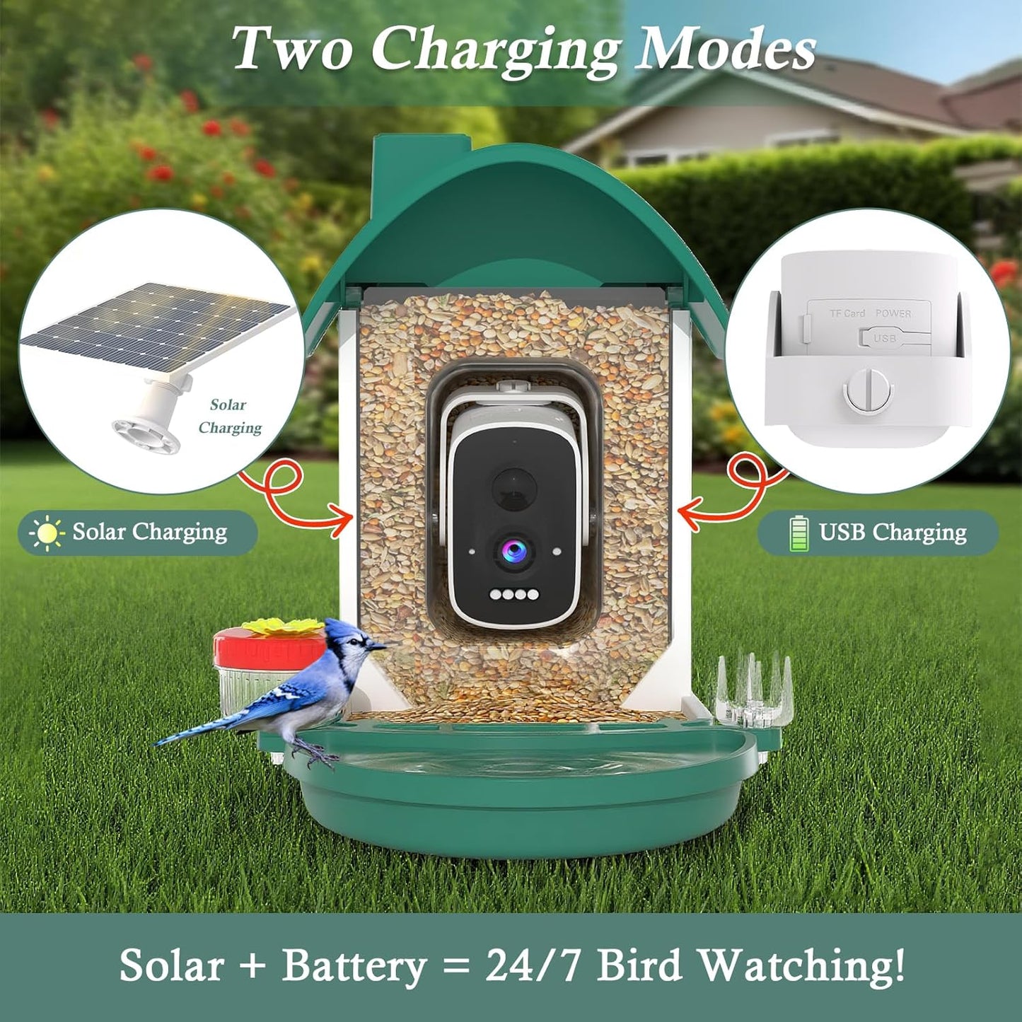Smart Bird Feeder with Camera, 3K AI Bird Camera & Bath | Solar Powered Wireless Outdoor Bird House with Spill-Proof Net. Backyard Bird Watching Gift Idea for Bird Lovers