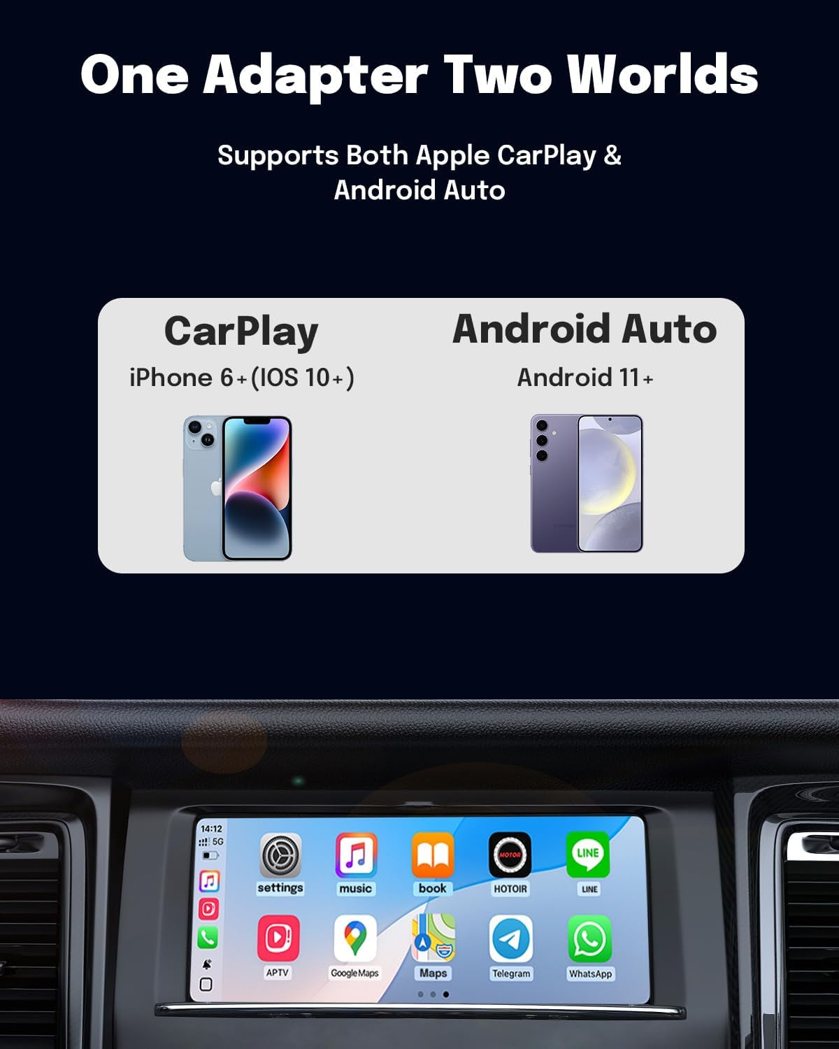 2-In-1 Wireless Carplay Adapter and Android Auto Adapter – Converts Wired to Wireless for Cars 2016+, Plug & Play, USB-A to USB-C for Ios10+/Android 11+