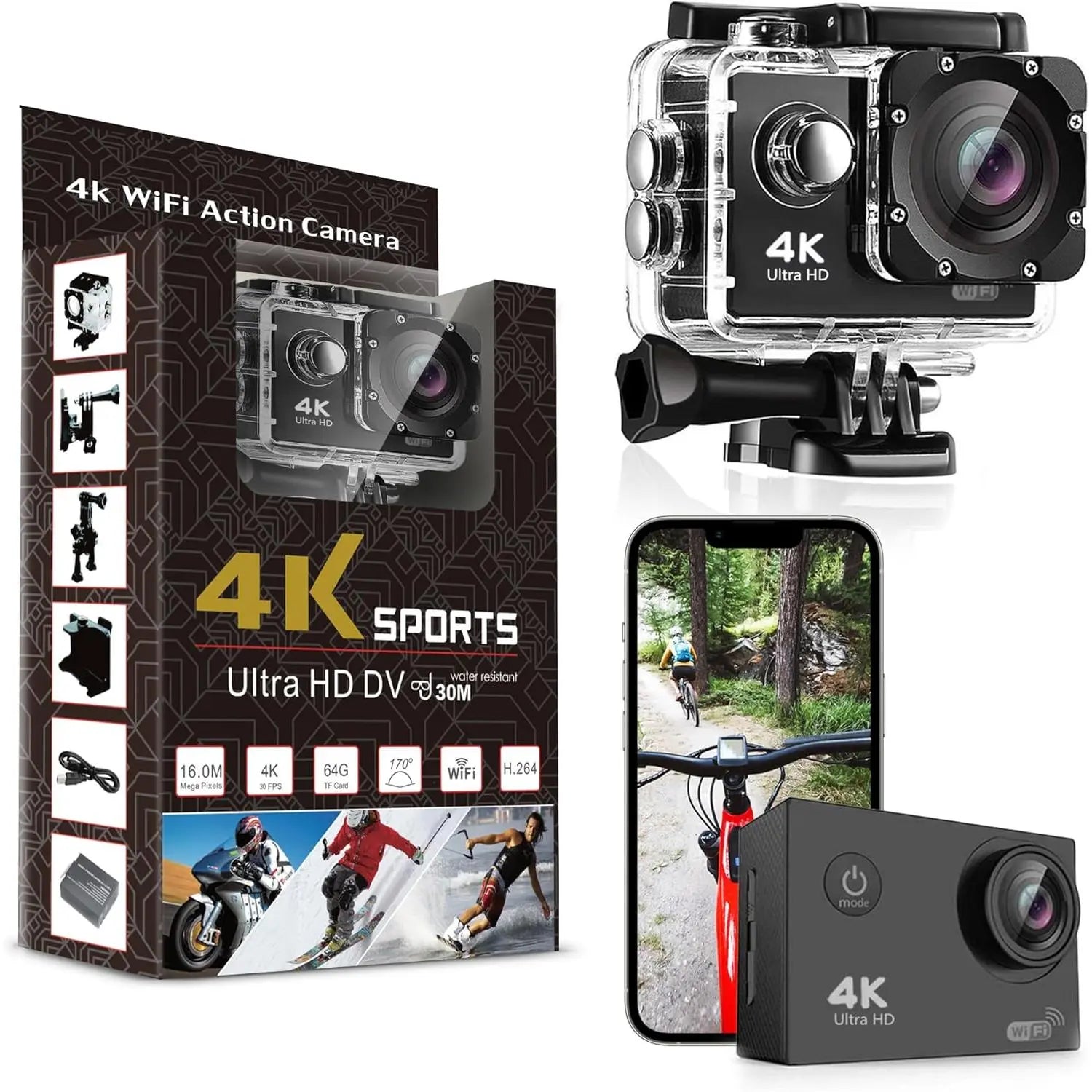Pro 4K Action Camera - Ultra HD Waterproof Camera Video Camera with Wi-Fi, 170° Wide Angle Lens, Image Stabilization, Multiple Mounting Options - Perfect Underwater Camera Snorkeling